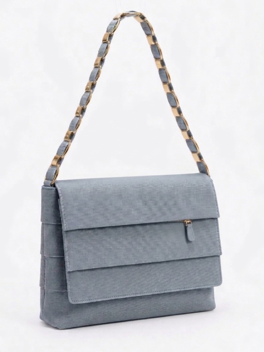90s Vintage Ferragamo Pale Slate Blue Grosgrain Ribbon Flap Shoulder Bag